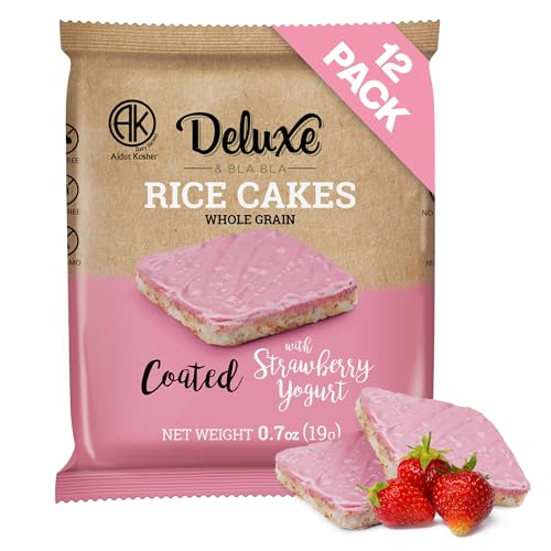 Deluxe & Bla Bla Rice Cakes 12 Pack – Whole Grain, Gluten-Free, Kosher, Low-Calorie Snack – Coated with Strawberry Yogurt – Healthy & Crunchy Treat – Individually Wrapped, (19g Each)