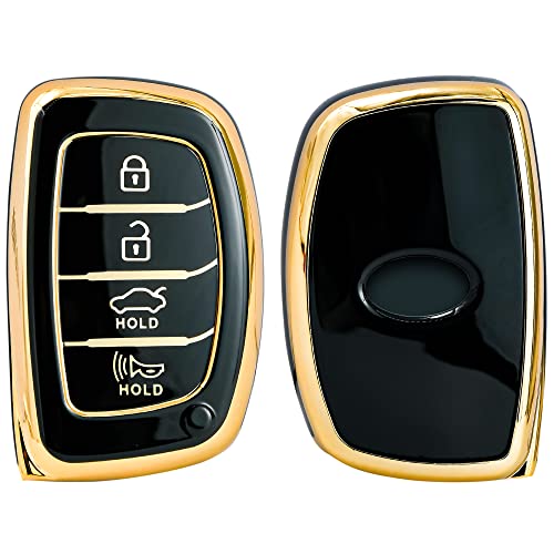 Image of KMH TPU Gold Car Smart Key Cover Compatible for Hyundai Alcazar Creta 2022 Venue i20 Tucson Elantra 4 Push Button Smart Key Shell Case Holder, Key Protector (Black Gold) Pack of 2