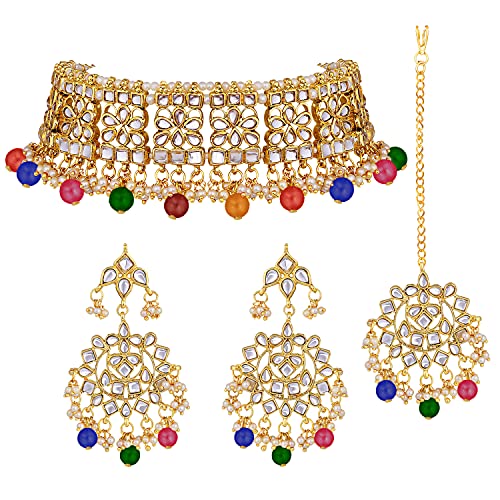 Image of Aheli Elegant Indian Faux Kundan Studded Choker Necklace with Maang Tikka Set Ethnic Wedding Wear Bharatanatyam jewellery set Gift for Women