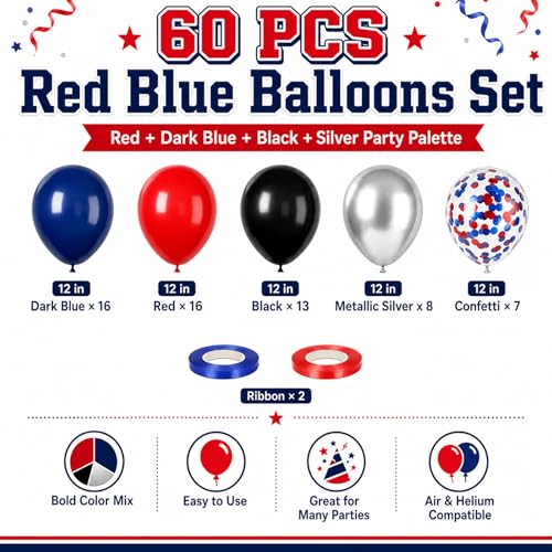 Image of Red and Blue Balloons, 60PCS Blue Red Balloon Set, 12 Inch Patriotic Latex Metallic Confetti Balloons for Independence Day 4th of July Birthday Graduation Memorial Day Party Decor