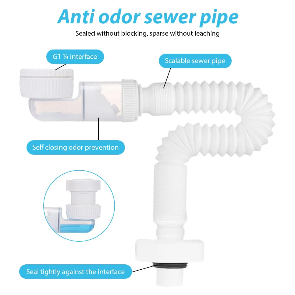 Gohytal Flexible Waste Pipe, 1 1/4" Bathroom Sink Plumbing Parts, Odour-Proof Sink Waste Trap, Replaceable Drain Down Hose - Image 2