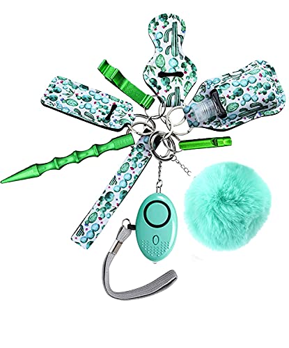 Safety Keychain Set for Women, Self Defense Keychain Set for Girls with Personal Safety Alarm, Window Breaker Tool, Hand Sanitizer Holder, Whistle and Pom