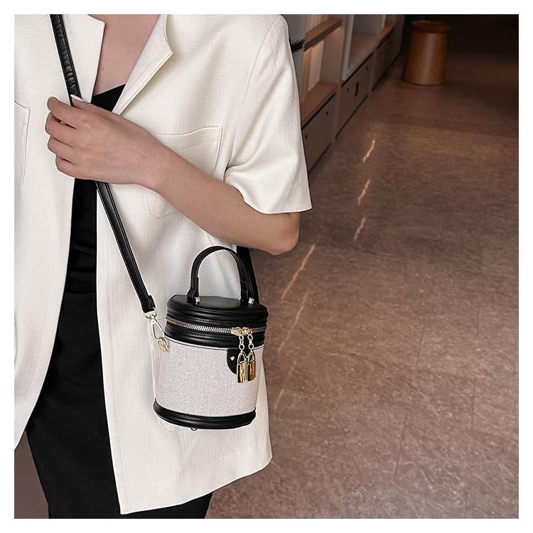 Image of Retro Bucket Bag Color Contrast Cylinder Purse | Senior Sense Style, Single Shoulder Crossbody, Zipper Closure, 4.7x6
