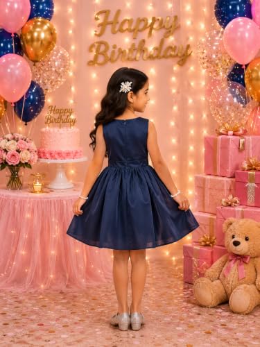 Image of SOFYANA Poly Satin V-Neck A-Line Dress for Your Sweet Baby Girl Kids Frock Navy Blue 1-2 Year