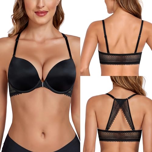 Lemorosy Damen Vorne Vershcluss Push Up Bra Große Größen BH mit Bügel Gepolstert Böhmischen Rücken Multiway-Träger(Schwarz,90D)