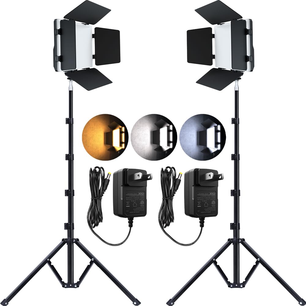 2 Pack Bi Color 20W LED Video Light and Stand Kit Panel Video Light Kit, 62" Tripod Photography Lighting Bi-Color Dimmable CRI 96+ Dimmable Light