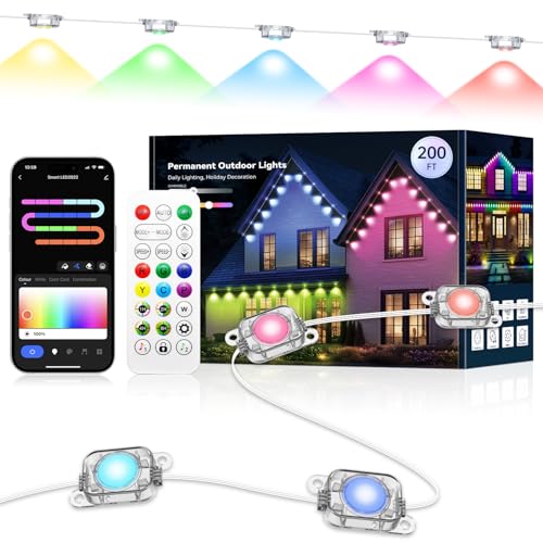lemonlovely Permanent Outdoor Lights Pro, 200ft with 100 LED Smart IC+RGBCW Christmas Halloween Eaves Lights for House Daily and Holiday Decor, IP67 Waterproof, with APP & Remote Control