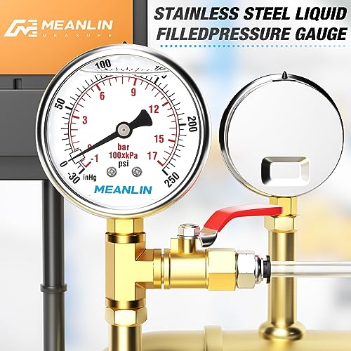 Image of MEANLIN MEASURE -30inHG~250Psi Stainless Steel 1 /4 inch NPT 2.5 inch FACE DIAL Vacuum Pressure Gauge, Lower Mount, with 1 /2 inch NPT and 3 /8 inch NPT Hex Bushing