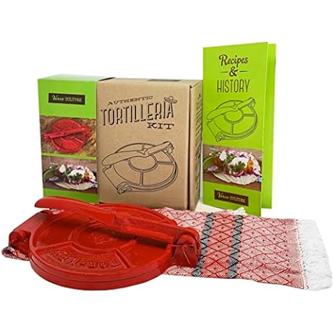 Cast Iron Tortilla Press by Verve CULTURE, Street Taco Press and Quesadilla Maker, Aplastador de Tortillas, Tortilleria Kit with Handmade Servilleta Napkin and Recipe Booklet, 6.5” Cover