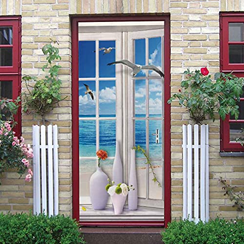 CBWRAW 3D Etiqueta De La Puerta Murales Para Sala De Estar Adulto Bebé Dormitorio Cocina Puertas Y Ventanas Flores Vista Al Mar Autoadhesivo Vinilos Impermeable Foto Pegatinas Hogar Decorativos Poster