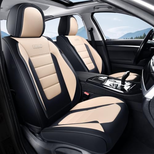 Image of Coverado Car Seat Covers Front, Seat Covers for Cars, Waterproof 2-Pack Car Seat Cushions, Leather Carseat Seat Protectors, Universal Seat Covers Fit for Most Sedans SUV Pick-up Trucks(Black&Beige)