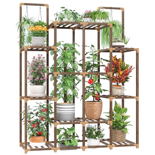 EnHomee Plant Stand Indoor Wood Plant Stand Outdoor Plant Shelf with 14-18 Potted Double Rod Large Plants Holder 440LBS Plants Shelves 44.8''W×11.6''D×47''H
