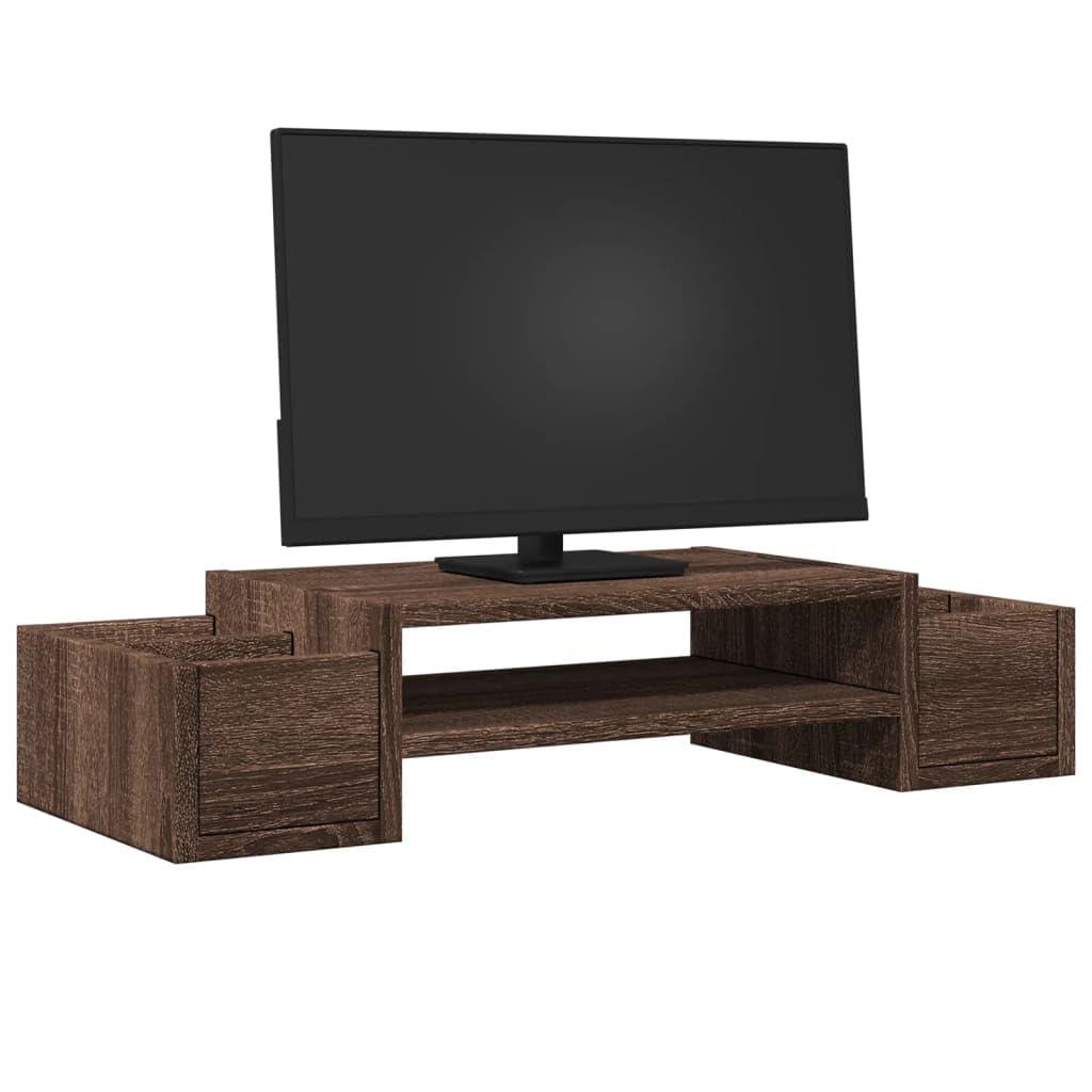 Supporto per monitor con vano portaoggetti, effetto rovere, 70 x 27 x 15 cm, in legno, 4 scomparti, scrivania per ufficio e home office, ergonomico per monitor e laptop
