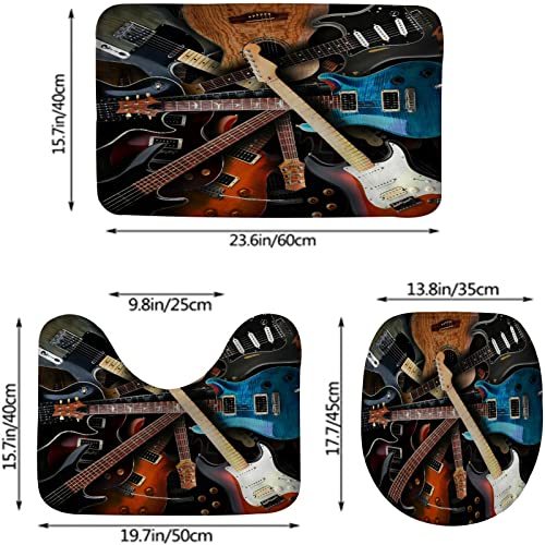 3-teiliges Badezimmerteppich-Set, Musikinstrument, Gitarre, Cooler Rock-Stil, waschbarer Badvorleger, rutschfest, mit Rückenpolster, Konturteppich und Toilettendeckelbezug – Bild 3