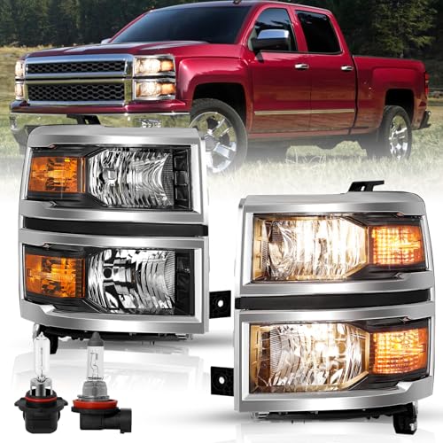 Image of TUSDAR Upgraded Lens Headlights Assembly Fit for 2014 2015 Chevy Silverado 1500 Pickup Truck OE Style Halogen Headlamps Replacement Chrome Housing /Driver & Passenger Side w /Bulbs