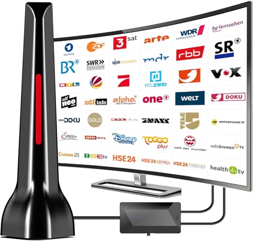 DVB-T/DVB-T2 Antenne mit Verstärker innen 36Dbi+ HDTV Zimmerantenne für Fernseher,Signalqualität durch ALU-Kern,Mit Magnetfuß - 3 Meter Kabel,Unterstützt 4K 1080P - Alle TV-Geräte DAB/UHF/VHF