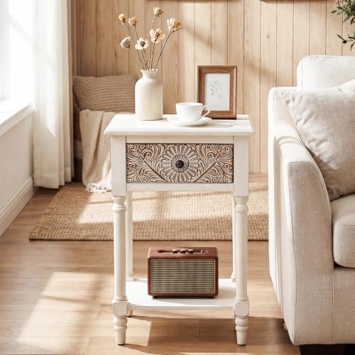 Image of HOMPUS Fully Assembled Farmhouse Nightstand with Drawer and Shelf, Vintage Nightstand with Flower Pattern, Wood End Table, Small Bedside Table Night Stand for Living Room, Bedroom, Distress White