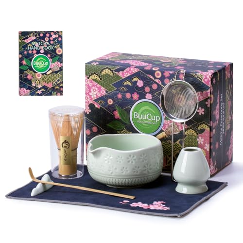 Buucup Matcha Whisk Set, Ceramic Matcha Kit Set Includes Matcha Bowl, Matcha Whisk and Holder, Bamboo Scoop, Scoop Rest, Sifter and Tea Towel - 7 Pcs Matcha Kit for Matcha Lovers (Mint)