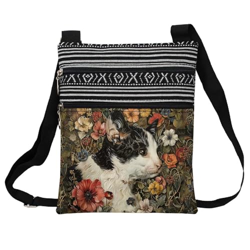 Floral Curly Cat Messenger Bag Small Ethnic Pattern Printed Adjustable Strap Crossbody Zipper Bag Floral Curly Cat Phone Bag Wallet Cute Shoulder Handbag for Women Friends