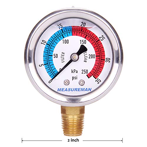 Measureman 2" Dial Size, Glycerin Filled Pool Filter Pressure Gauge, 304 Stainless Steel Case, 0-35Psi/250Kpa, 1/4" Npt Lower Mount #TOP6