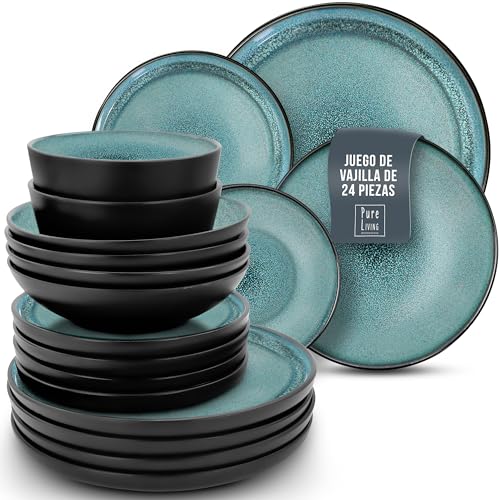 Juego de Vajilla de Steingut Ibiza para 6 Personas - 24 Piezas, Set de Vajilla para Lavavajillas y Microondas - Moderno Juego de Platos - Servicio de Pure Living en azul humo