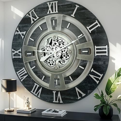 ImprovingLife The Gears Clock - Reloj de pared con mecanismo de movimiento real, línea Inglaterra (negro vintage, 24 pulgadas (60 cm))