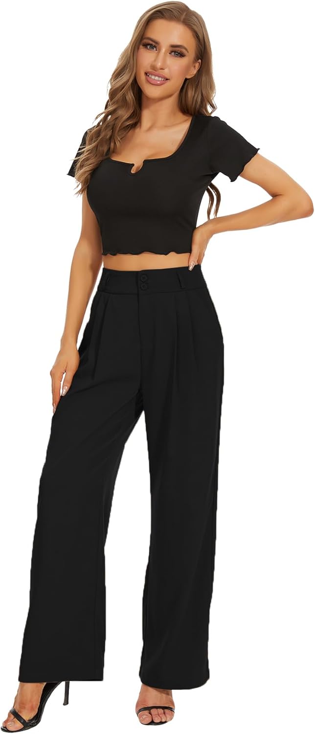 Women High Waist Wide Leg Dress Pants Pleated Front Wide Waistband Elastic Work Casual Long Trousers - Image 3