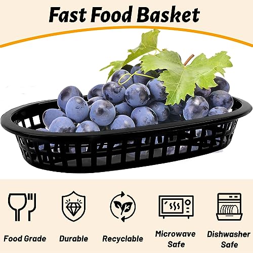 NDSWKR 40 Pack Fast Food Serving Baskets, 10.6 x 7 Inch Plastic Oval Food Baskets, Reusable Deli Baskets for Burgers, Sandwiches, Barbecues, Hot Dog, Chip, BBQ, Picnic, Party (Black) - Thumbnail 4