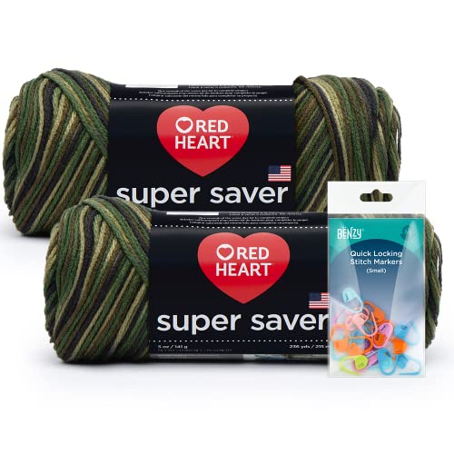 Camo - Red Heart Super Saver Yarn 2-Pack (5oz Each) Bundle with Benzy Stitch Markers (20ct)