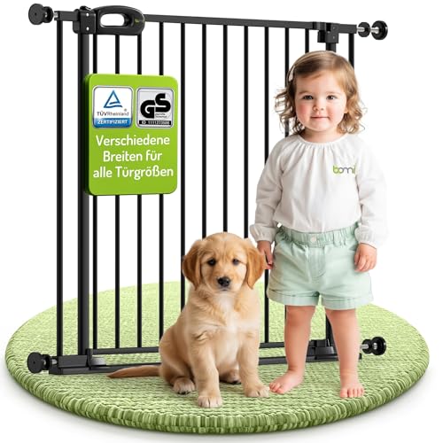 Bomi Treppenschutzgitter Merle Flatstep, Breite 95-103 cm | Türschutzgitter ohne Bohren, stabile Kindersicherung für Kind & Hund, TÜV geprüftes Hundegitter, Türgitter, Treppengitter, Metall Schwarz