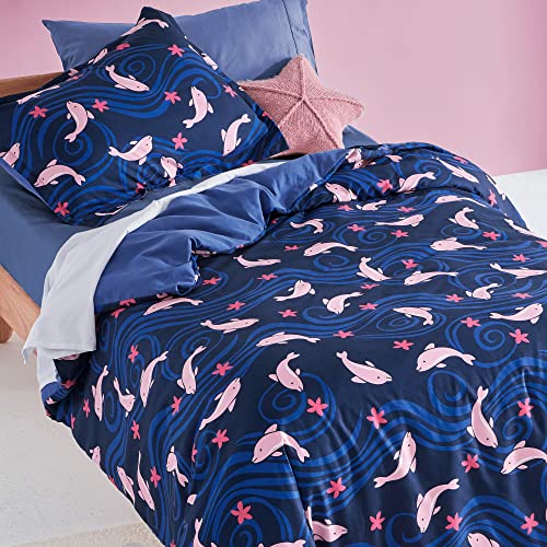 SLEEP ZONE Kids Duvet Cover Set Queen Size 3 Pieces - Super Soft & Cute Comforter Cover with 2 Pillow Shams, Easy Care Zipper Closure (Navy Dolphin, Queen) - image 7