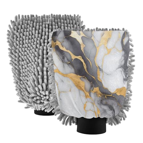 ALAZA Black & Gold Marble Modern Car Wash Mitt Scratch Free, 2 Pack Absorbent Microfiber/Chenille Washing & Drying Mitts, L