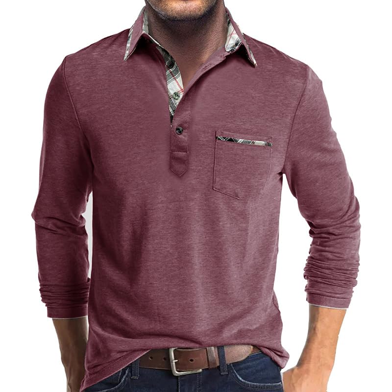 Mens Long Sleeve Polo Shirts Casual Button Moisture Cotton Tees Stylish Tops Golf Shirts with Pocket