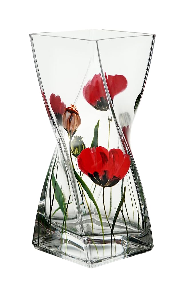 Nobile Glassware Red Wild Poppy Contemporary Square Twist Design Glass Flower Vase - Mouth Blown/Hand Decorated Glass - /Green - 20 Cm, 2310-22