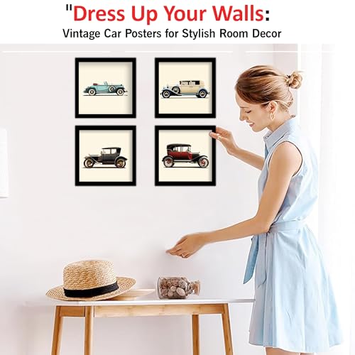 Image of Rousrie Vintage Car Wall Art Framed Posters, Set of 4, Multi Colour, Modern Style Decorative Paintings for Living Room