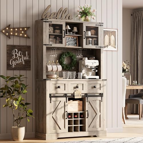 72" Farmhouse Bar Cabinet with Sliding Barn Door, Tall Kitchen Buffet with Storage Hutch and 3 Drawer, Rustic Coffee Wine Bar Sideboard with Wine & Glasses Rack, for Living Room, Washed Grey