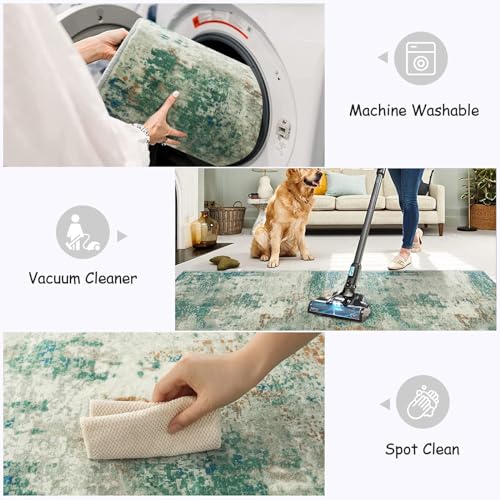 Lahome Modern Abstract Area Rug 5x7 Rugs for Living Room, Washable Accent Bedroom Rug Non-Slip Non Skid, Indoor Floor Contemporary Carpet for Kitchen Bathroom Laundry,Green/Grey