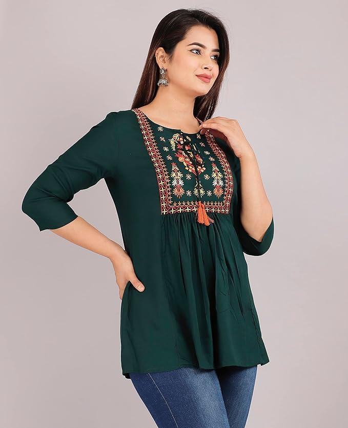 Image of Avayayat Short Kurti for Women | Embroidered Straight Rayon Kurta | Round Neck Full Sleeves Short Kurti for Women's