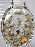 ELONGATED CLEAR JEWEL SHELL SEASHELL & SEAHORSE RESIN TOILET SEAT WITH CHROME HINGES