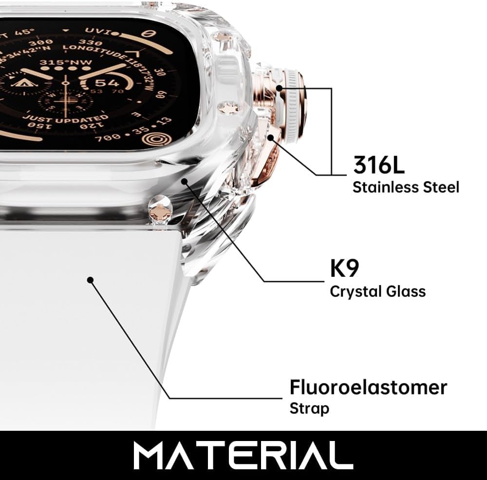 Bracelet de montre transparent en caoutchouc fluoroine, pour Apple Watch Ultra 2 de 49 mm, boîtier de montre en cristal transparent, bracelet de sport respirant, pour iWatch Series Ultra 2 49 mm