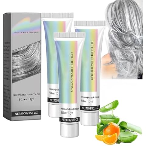 2 in 1 Natural Essence Extract Silver Hair Dye, Silver Metallic Hair Dye, Silver Gray Natural Hair Dye Cream, Fashion Silver Gray Hair Dye Permanent, for All Hair Types (Silver, 3Pcs) Cover