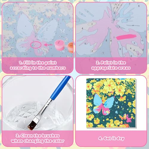 Image of HASTHIP DIY Paint by Numbers Kit for Adults & Kids, Butterfly Flower Blossom Landscape Painting on Canvas, Beginner-Friendly Acrylic Painting Set with Brushes & Numbered Pigments, 20x20cm