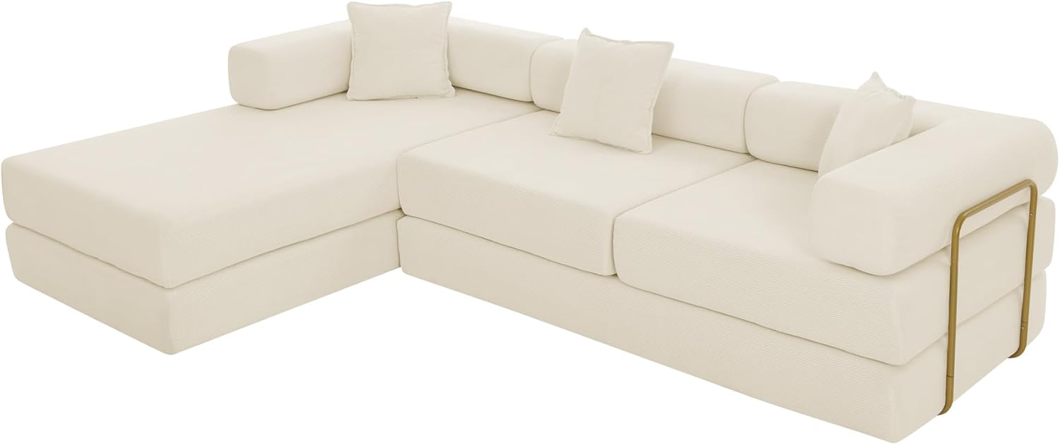 Eafurn L Shaped Convertible Sleeper Sofa Bed King Size Sleeper Sofabed, 7-in-1 DIY Combination Corduroy Folding Mattress Couch with Fixed-Shape Frame, Boneless Floor Sofa Couch