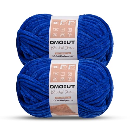 Image of OMoiout Chunky Chenille Yarn for Crocheting, 2 Pack Soft Baby Blanket Yarn, #7 Super Bulky, Chunky Knit Blanket Crochet Yarn, 14 oz /218.7 yds Fluffy Velvet Amigurumi Yarn(2 Sapphire Blue)