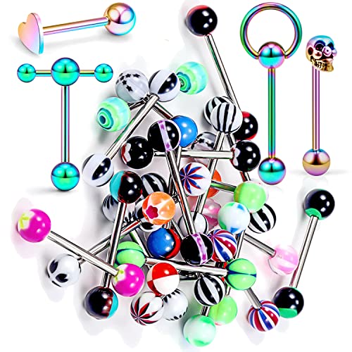 14G Silver/Rose-Gold/Rainbow Tongue Rings Piercing Jewelry for Women Men Work Surgical Steel Metal Tounge Barbell Acrylic Balls Set 29pcs