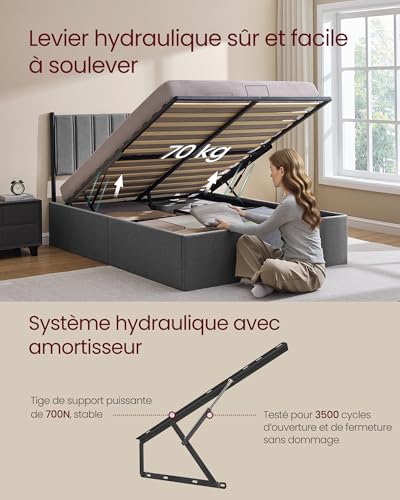 Lit coffre 140x190 rangement 31,7 cm gris VASAGLE