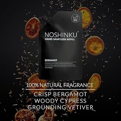 Noshinku Bergamot Pocket Hand Sanitizer Refill Kit: Refill Pouch + Sprayer Bundle | Organic Antibacterial Sanitizing Mist with Moisturizing Oils | FDA Registered | 70% Sugarcane Derived Alcohol