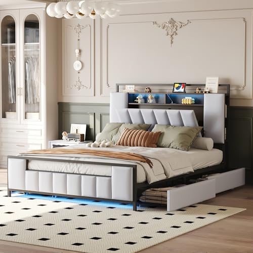 BXEYXE Cama tapizada de 160 x 200 cm. Cama multifunción con luz LED con enchufe USB con cajones. Estructura de hierro macizo. Cama juvenil. Cama adulta. Cama doble. Piel sintética. Color blanco