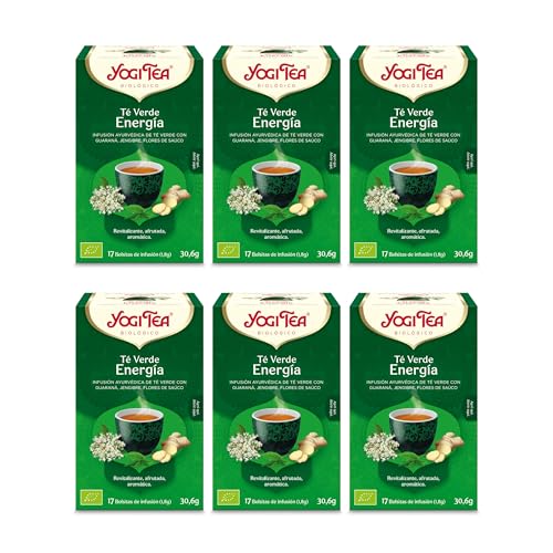 Yogi Tea, Té Verde Energía - Infusión Ayurvédica - Mezcla de Té Verde, Guaraná, Jengibre y Flor de Saúco - Pack de 6x17 bolsitas (102 bolsitas en total)