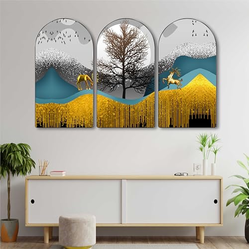 Image of Livin'luxe Golden Deer Abstract Wall Art 3 Panel Set | Modern Nature-Inspired Painting on MDF | Elegant Wall Hanging for Living Room Bedroom Office Home Decor (30 x 50 Inch) RPNL-77